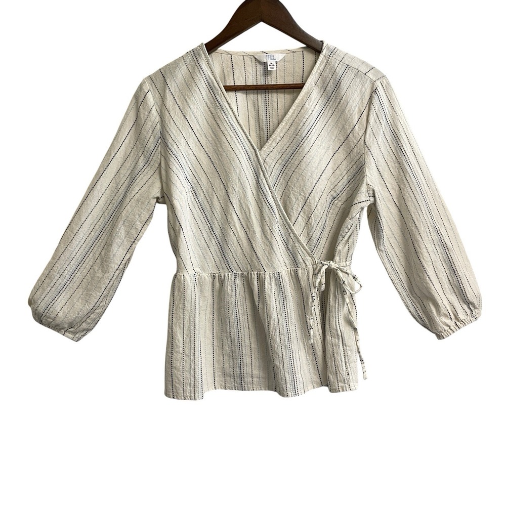 Time and Tru White Striped Cotton Wrap Peplum Top 3/4 Sleeve M 8-10